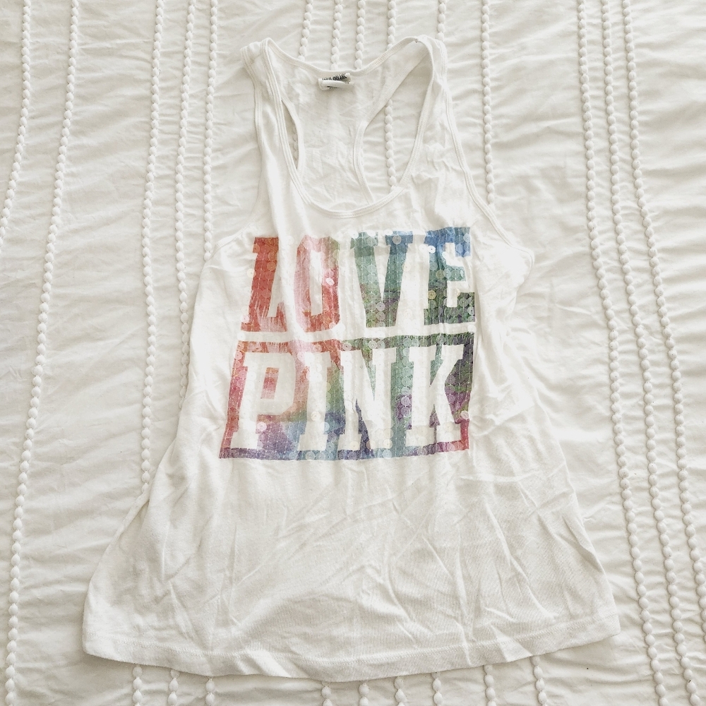 Y2K Victorias Secret Pink hite Tank Top with Colorful Graphic - Picture 2 of 2